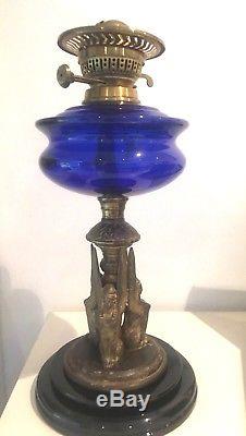 Antique victorian egyptian revival isis, cobalt blue font, oil lamp