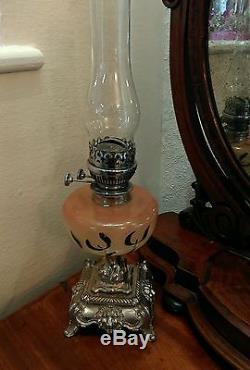 Antique victorian lion head base oil lamp light with glass centre ornate lamp