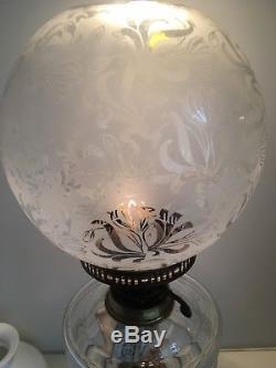 Antique victorian round globe foliate acid etched oil lamp shade