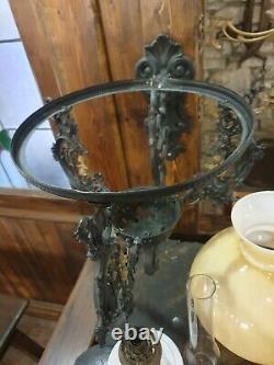 Antique wall mounted Oil Lamp ornate iron wall bracket glass shade single burner