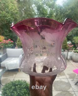 Antique wavy top cranberry acid etched oil lamp shade