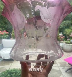 Antique wavy top cranberry acid etched oil lamp shade