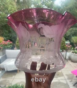 Antique wavy top cranberry acid etched oil lamp shade