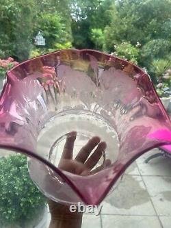 Antique wavy top cranberry acid etched oil lamp shade