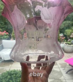 Antique wavy top cranberry acid etched oil lamp shade