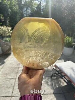 Antique yellow oil lamp shade round, acid etched