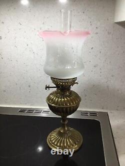 Art Nouveau C 1880 Brass Oil Lamp Embossed Georgian Style With Frosted Shade
