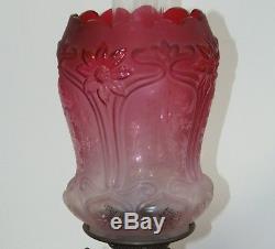 Art Nouveau Cranberry Glass Etched & Embossed Victorian Duplex Oil Lamp Shade