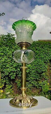 Art Nouveau Victorian Brass/Glass Oil/Paraffin/Kerosene Lamp, Chimney, Shade