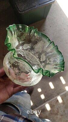 Art Nouveau Victorian Green Acid Etched Glass Oil Lamp Shade 4 fitter perfect