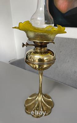 Art nouveau aesthetic brass flower oil lamp yellow etched shade wright & butler