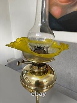 Art nouveau aesthetic brass flower oil lamp yellow etched shade wright & butler