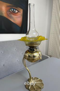 Art nouveau aesthetic brass flower oil lamp yellow etched shade wright & butler