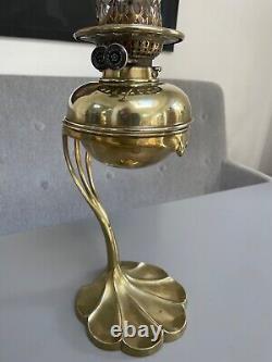 Art nouveau aesthetic brass flower oil lamp yellow etched shade wright & butler