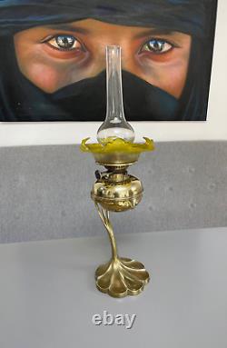 Art nouveau aesthetic brass flower oil lamp yellow etched shade wright & butler