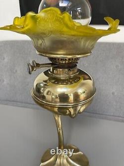 Art nouveau aesthetic brass flower oil lamp yellow etched shade wright & butler