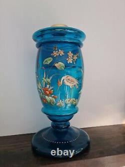 BIG Original Victorian MOSER Blue Glass Oil Lamp 39mm collar enamel hand painted