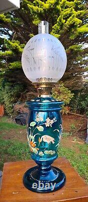 BIG Original Victorian MOSER Blue Glass Oil Lamp 39mm collar enamel hand painted