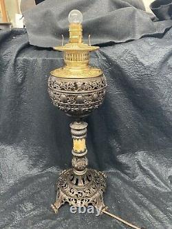 Banquet Lamp Alabaster Cast Iron Base Brass Font Oil Converted Victorian
