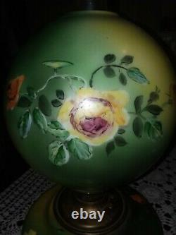 Beautiful Antique Banquet Oil Lamp GWTW Handpainted Roses Front and Back