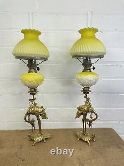 Beautiful Antique Pair Victorian Lemon Satin Glass Peg lamps Oil Lamps