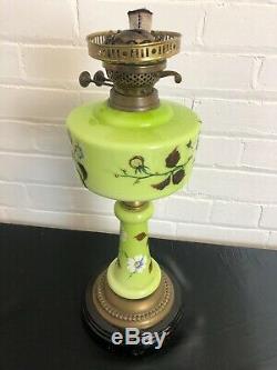 Beautiful Antique Victorian Green Painted Glass Font & Stem Oil Lamp Base