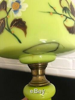 Beautiful Antique Victorian Green Painted Glass Font & Stem Oil Lamp Base