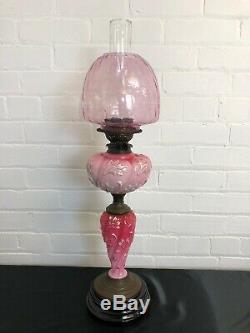 Beautiful Antique Victorian Pink Embossed Oil Lamp with Pink Glass Shade