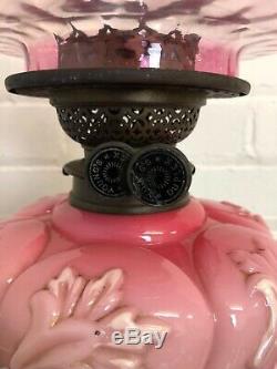 Beautiful Antique Victorian Pink Embossed Oil Lamp with Pink Glass Shade