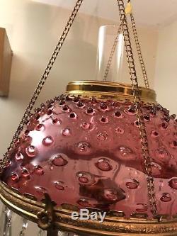 Beautiful Oil Kerosene Hanging Lamp Parlor Cranberry Hobnail Glass Shade