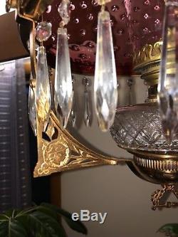 Beautiful Oil Kerosene Hanging Lamp Parlor Cranberry Hobnail Glass Shade
