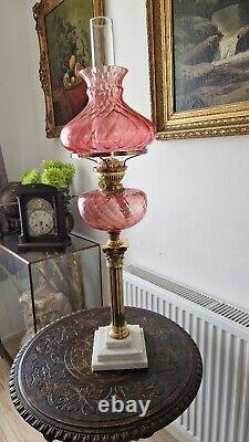 Beautiful Victorian Brass Oil Lamp with a Pink Coloured Glass Shade H86CM