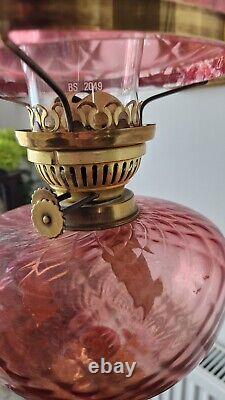 Beautiful Victorian Brass Oil Lamp with a Pink Coloured Glass Shade H86CM