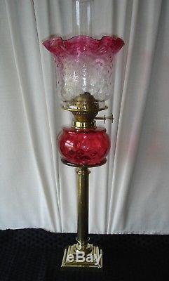 Beautiful Victorian Cranberry Tall Column Oil Lamp With Duplex Burner