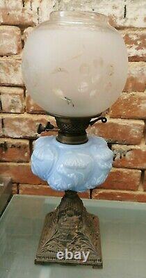 Beautiful Victorian Oil Lamp Baby Blue Font Bees & Hives Engraved On Base 51cms