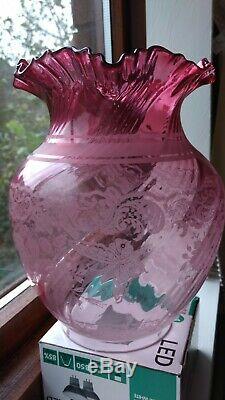 Beautiful Victorian Ruby/cranberry Etched Tulip+ Oil Lamp Shade