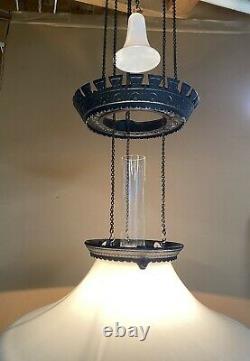 Beautiful Vintage Adjustable Milk Glass Hanging oil lamp electrified Lg shade