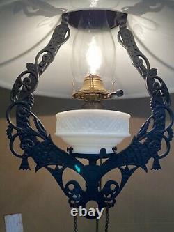 Beautiful Vintage Adjustable Milk Glass Hanging oil lamp electrified Lg shade