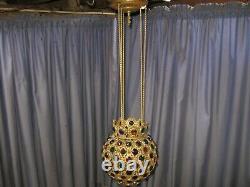 Best Antique 1886 Dated Glass Jeweled Gem Retractable Hanging Oil Lamp Fixture