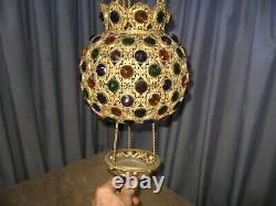 Best Antique 1886 Dated Glass Jeweled Gem Retractable Hanging Oil Lamp Fixture