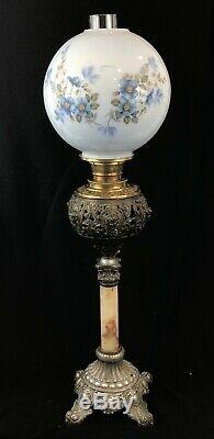 Blue Floral Antique Brass and Glass Banquet Oil Lamp GONE WITH THE WIND LAMP