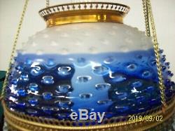 Blue & Frosted Hob nail glass oil lamp- converted to electric