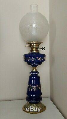 Blue Glass Victorian Oil Lamp With Blue Matching Column