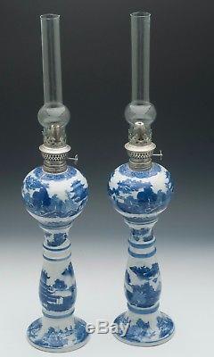 Blue Willow Victorian Ironstone Oil Lamps PAIR withoriginal globes