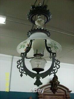 Bradley & Hubbard 1877 Cast Iron Oil Lamp Converted to Electic Milk Glass Shade