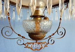 Bradley & Hubbard Roadrunner Bird Floral & Brass Retractable Oil Hanging Lamp