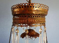 Bradley & Hubbard Roadrunner Bird Floral & Brass Retractable Oil Hanging Lamp