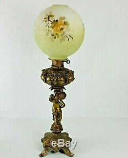 Brass Cherub Electric Oil Lamp Hand Painted Floral Ball Shade Victorian Banquet