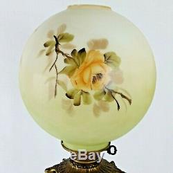 Brass Cherub Electric Oil Lamp Hand Painted Floral Ball Shade Victorian Banquet