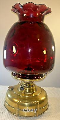 Brass & Cranberry Glass Oil Paraffin Lamp VALOR VERITAS 46 cm Tall 25 cm Dia